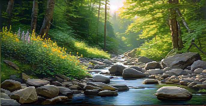 A peaceful forest scene with sunlight shining through trees, a stream flowing over stones, and wildflowers.