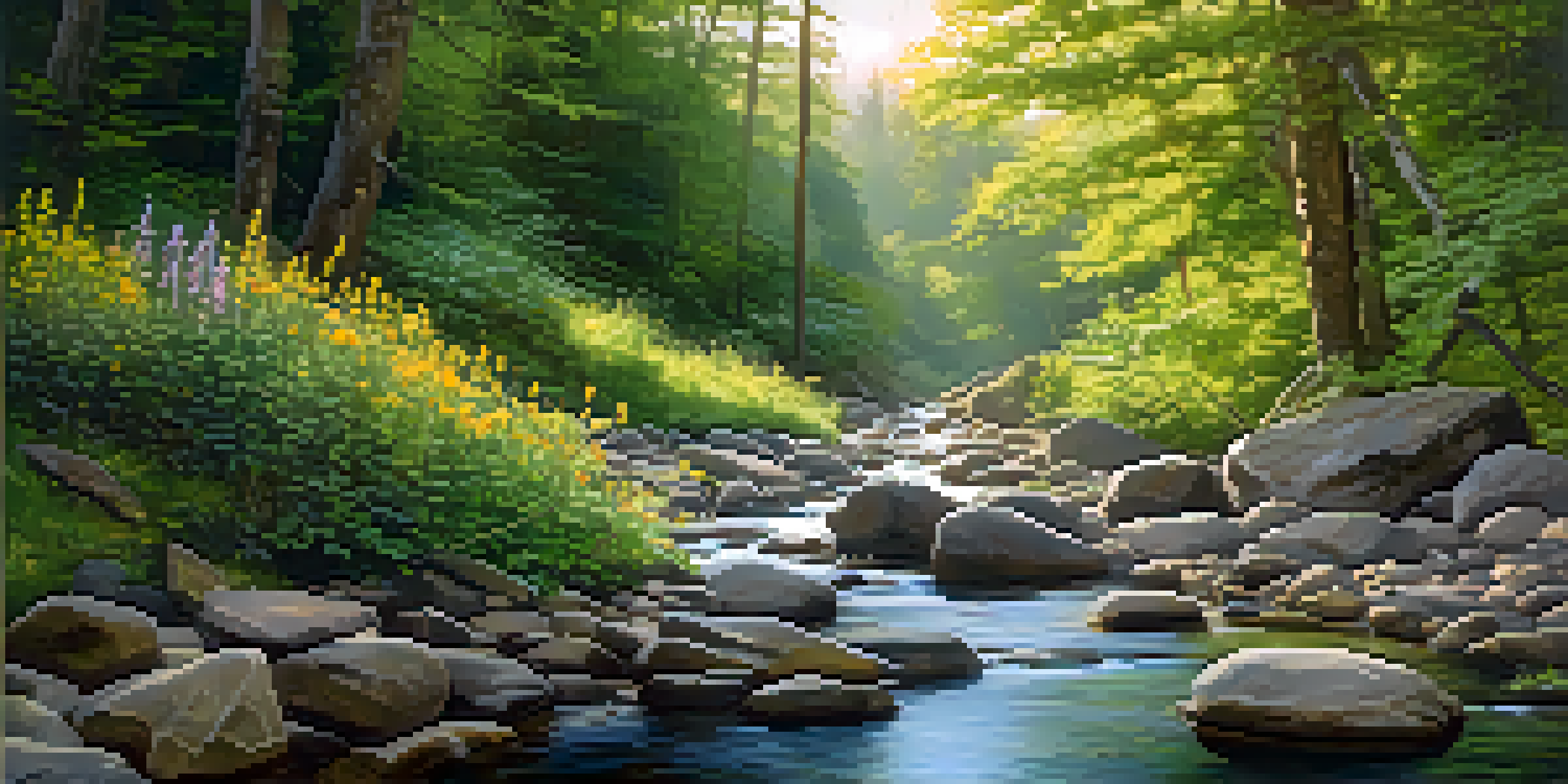 A peaceful forest scene with sunlight shining through trees, a stream flowing over stones, and wildflowers.
