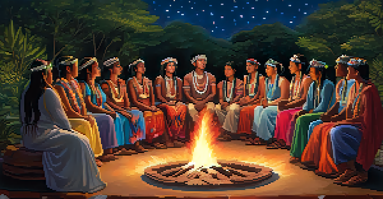 A group of people in traditional attire gathered around a fire pit under a starry sky.