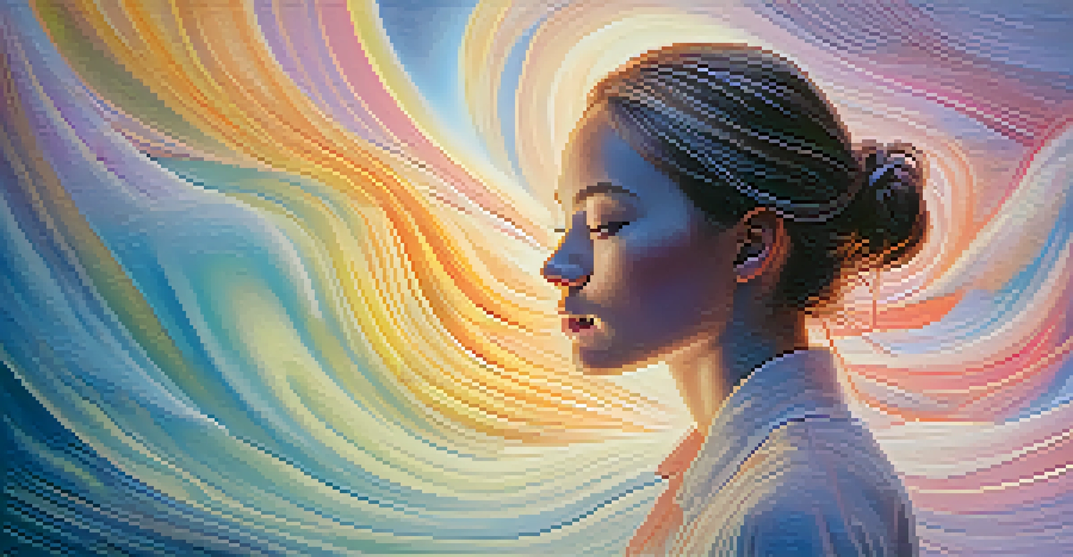 An abstract depiction of a person in a serene setting, surrounded by waves of sound and light, symbolizing hallucinations.
