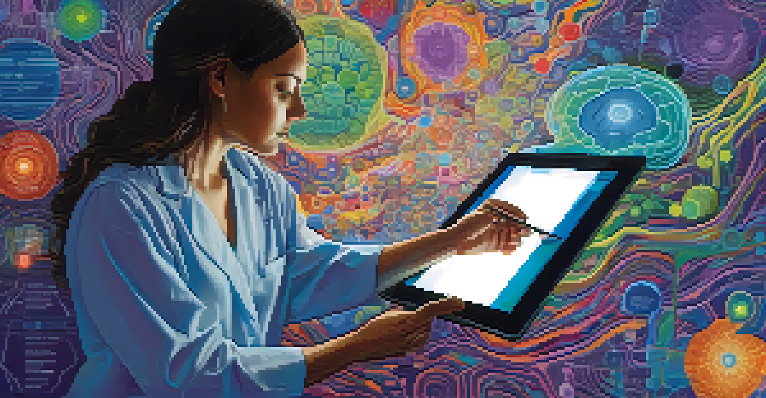 A researcher showing information on a tablet to a participant, with abstract representations of brain activity and vibrant colors in the background.