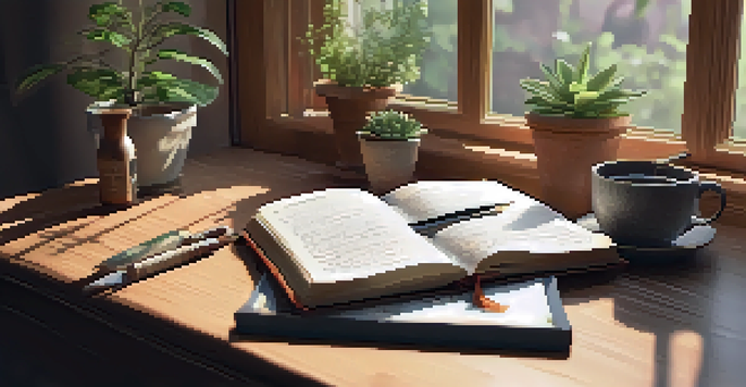 A cozy journaling corner with a wooden desk, an open journal, a fountain pen, and a cup of herbal tea, illuminated by soft natural light from a window.