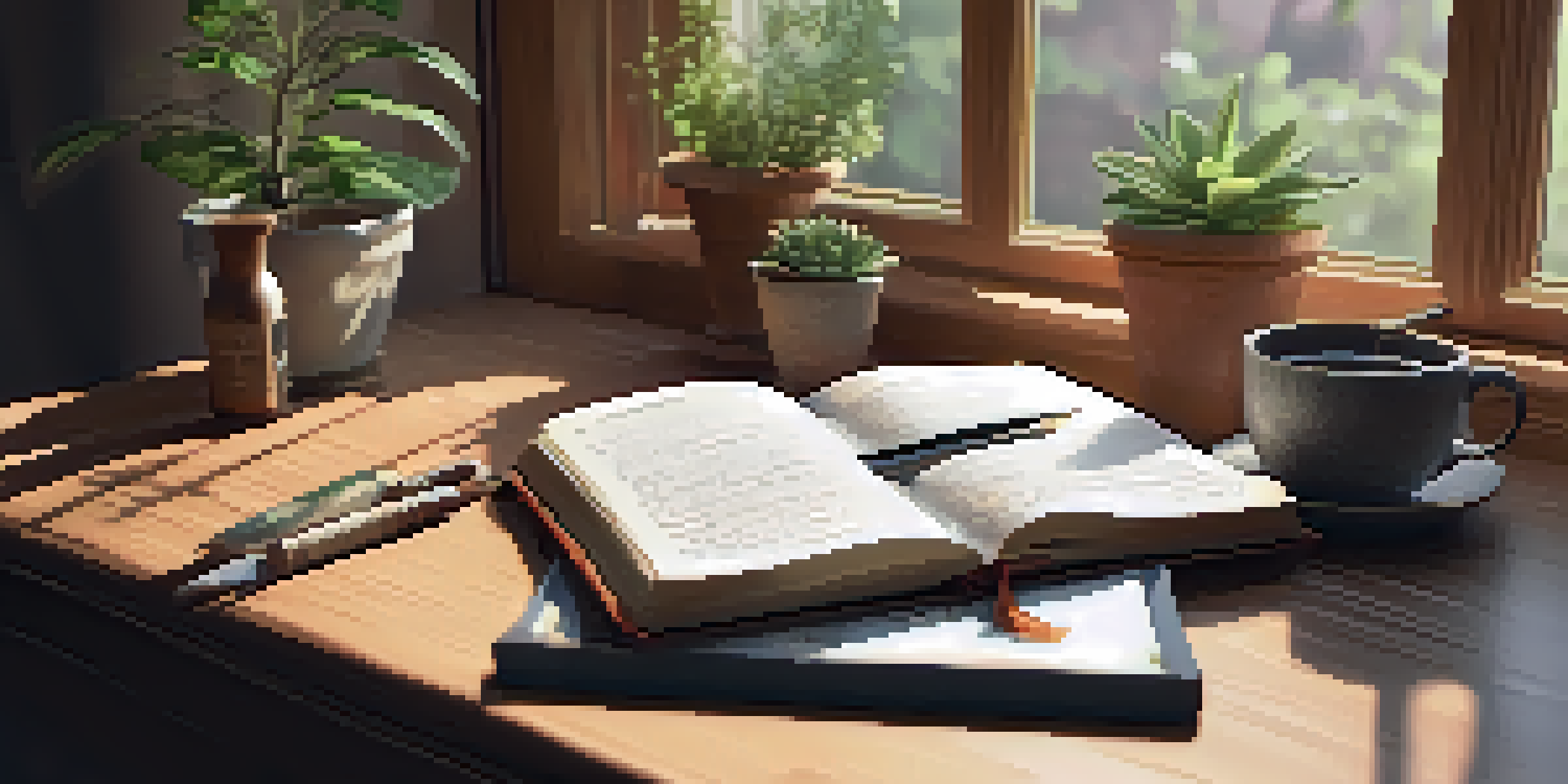 A cozy journaling corner with a wooden desk, an open journal, a fountain pen, and a cup of herbal tea, illuminated by soft natural light from a window.
