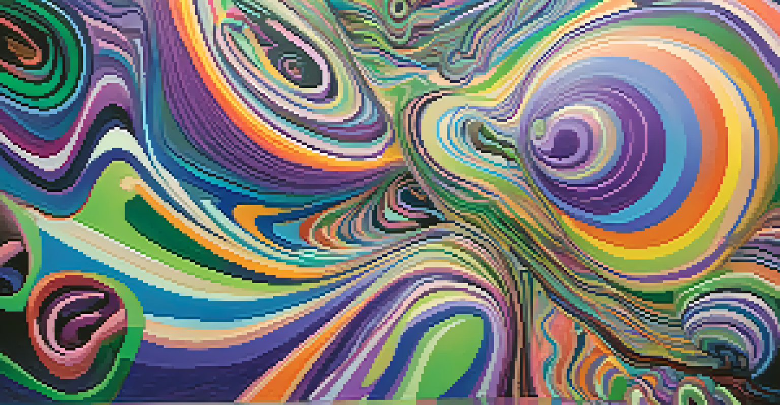 An abstract image depicting swirling colors and geometric patterns, representing a psychedelic experience with vibrant hues and organic shapes.