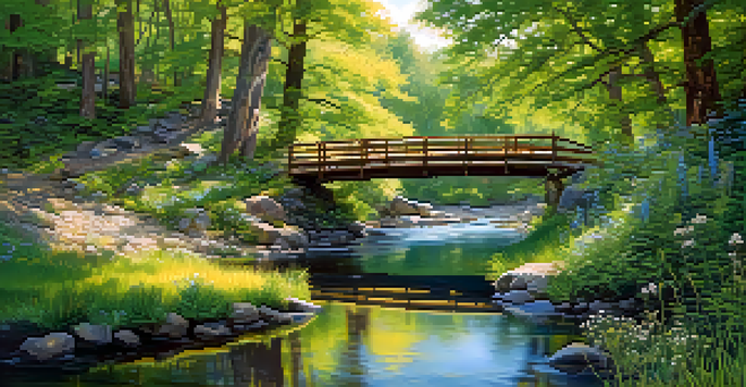 A peaceful forest with sunlight filtering through leaves, colorful wildflowers, and a small wooden bridge over a stream.