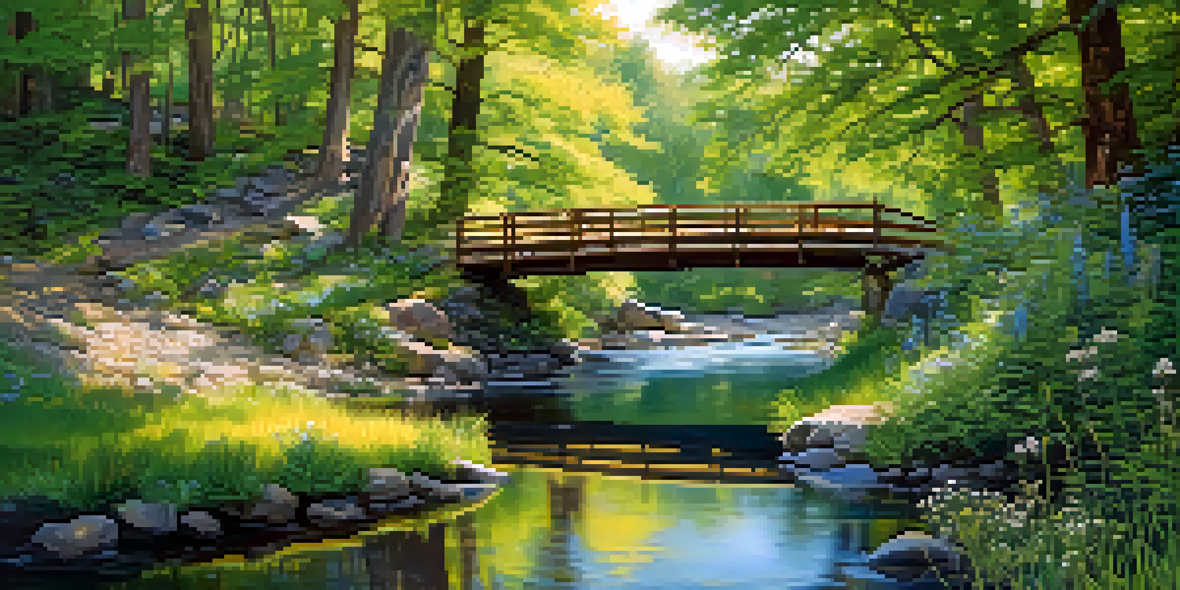 A peaceful forest with sunlight filtering through leaves, colorful wildflowers, and a small wooden bridge over a stream.