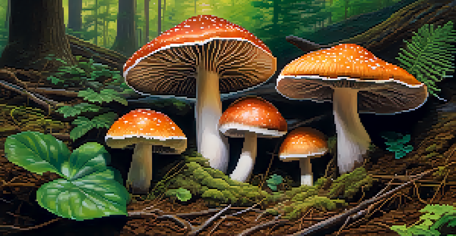 Close-up of diverse sacred mushrooms in their natural habitat, showcasing rich textures and vibrant colors under dappled sunlight.