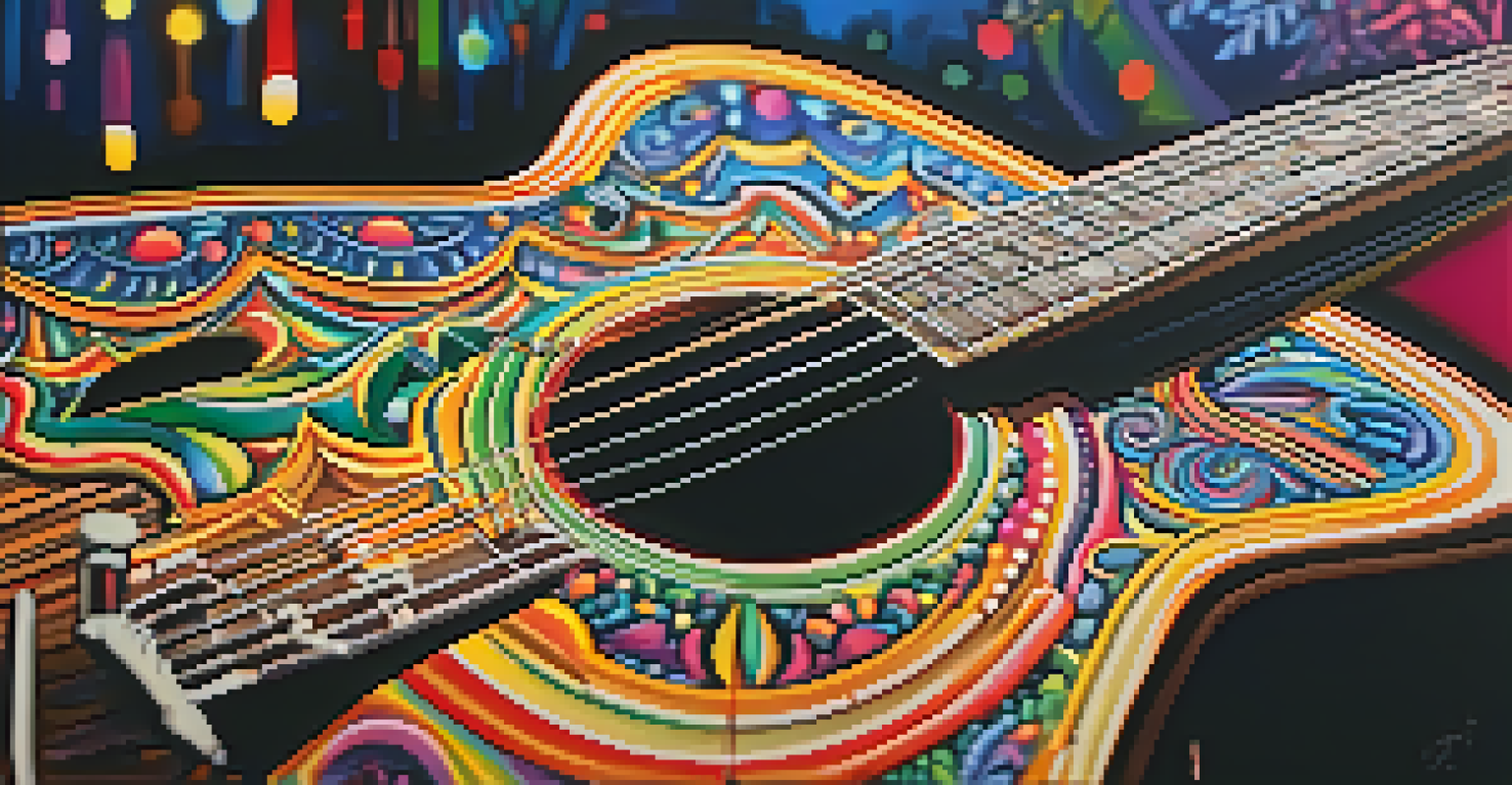 A close-up of an acoustic guitar with psychedelic designs, set against a blurred background of dancing concert-goers illuminated by colorful lights.