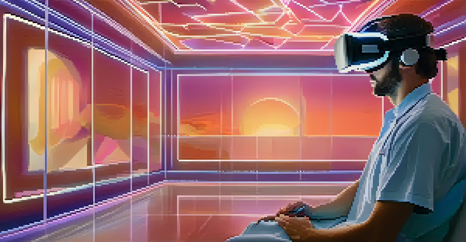 A person wearing a virtual reality headset, surrounded by floating shapes and colorful lights in a calming digital environment.