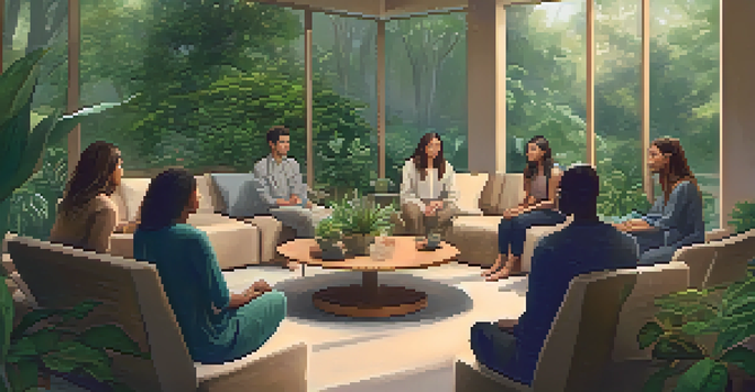 A group therapy session in a tranquil room with participants sitting in a circle, sharing their thoughts in a supportive environment.