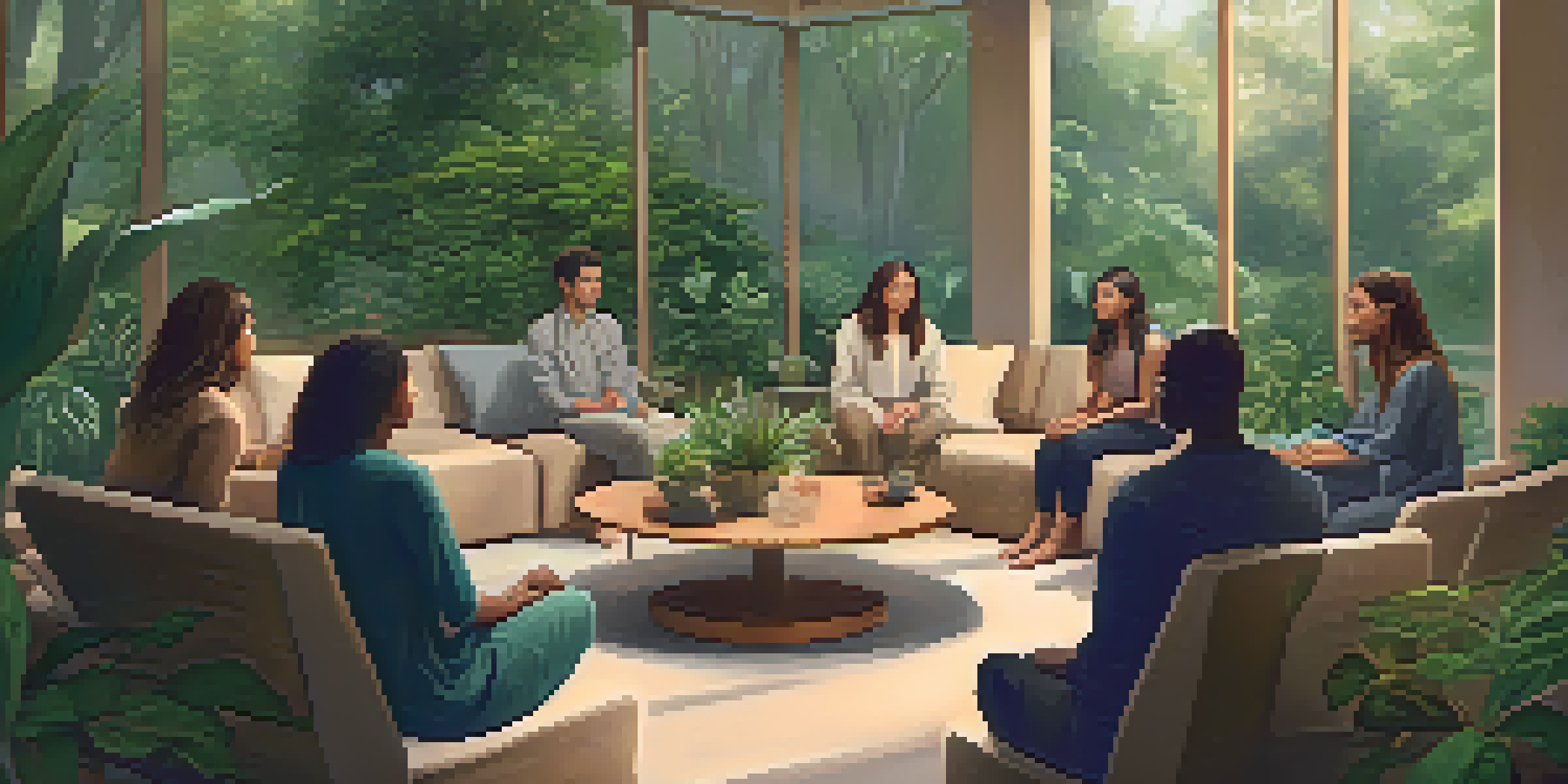 A group therapy session in a tranquil room with participants sitting in a circle, sharing their thoughts in a supportive environment.