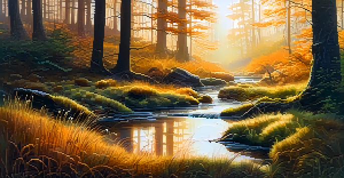 A peaceful forest with sunlight shining through trees, a stream flowing in the foreground, and mushrooms visible in the grass.