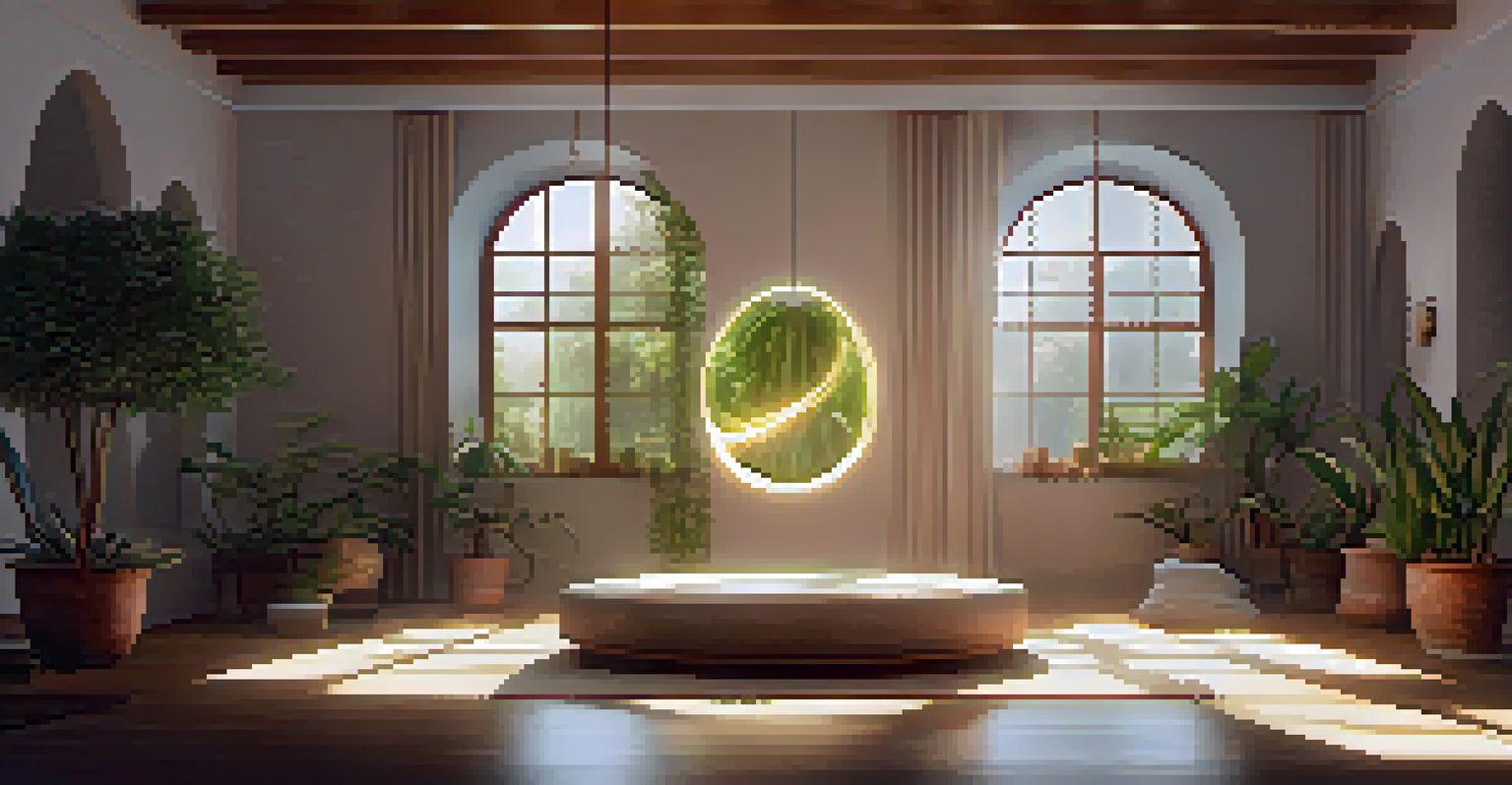 A cozy meditation room filled with cushions and plants, illuminated by a glowing orb of light at the center.