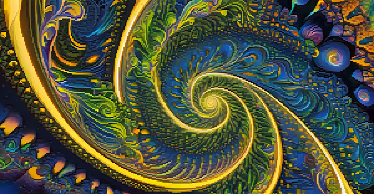 A close-up of a digital artwork showcasing a psychedelic journey with intricate patterns and vibrant colors in a fractal universe.
