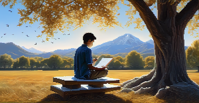 A young scientist sitting under a tree, writing equations on a notepad in a sunlit outdoor setting.