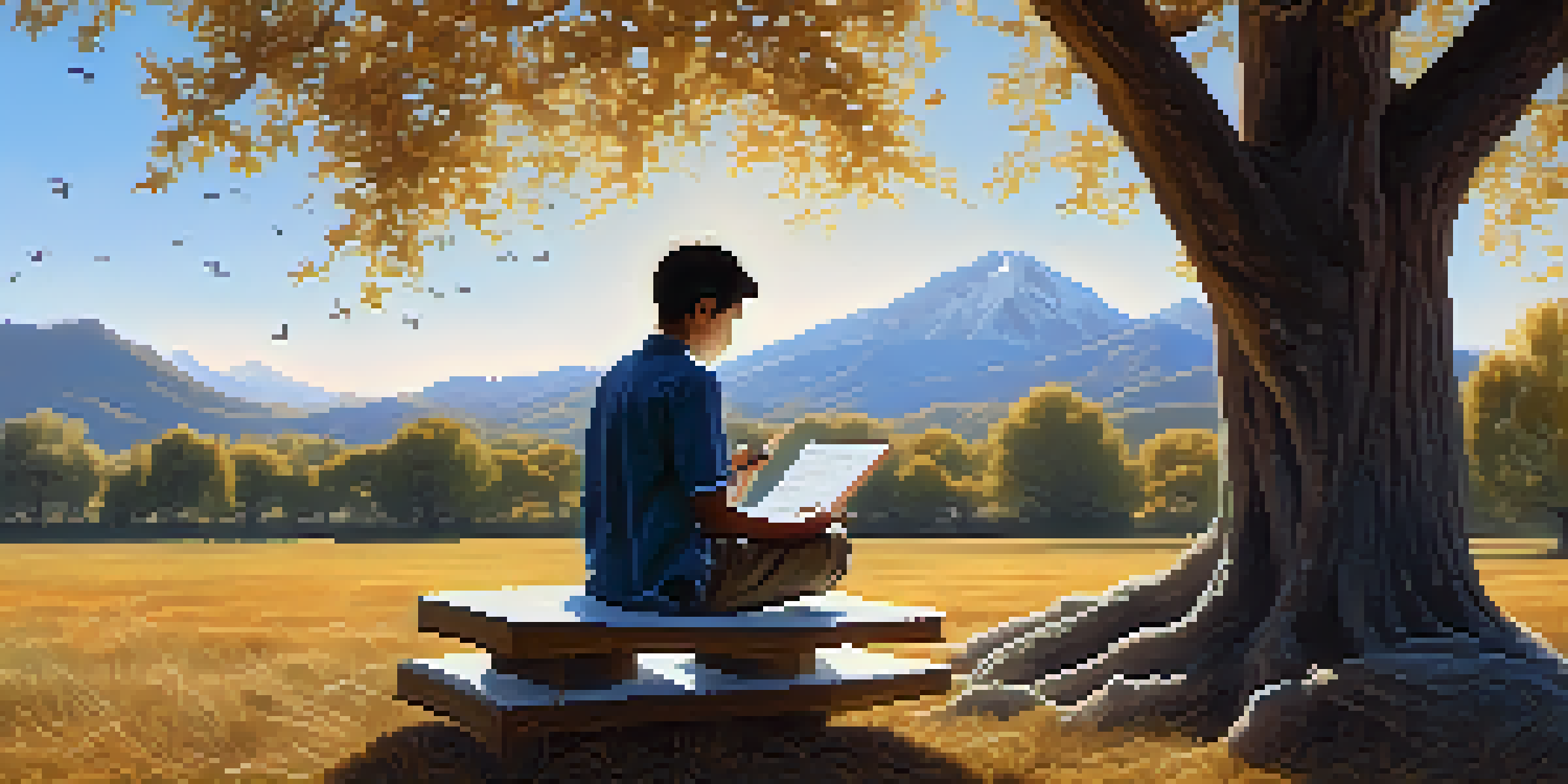 A young scientist sitting under a tree, writing equations on a notepad in a sunlit outdoor setting.