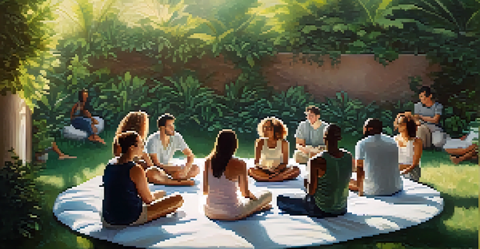 A diverse group of people sitting in a circle on cushions in a green outdoor setting, sharing experiences under sunlight.