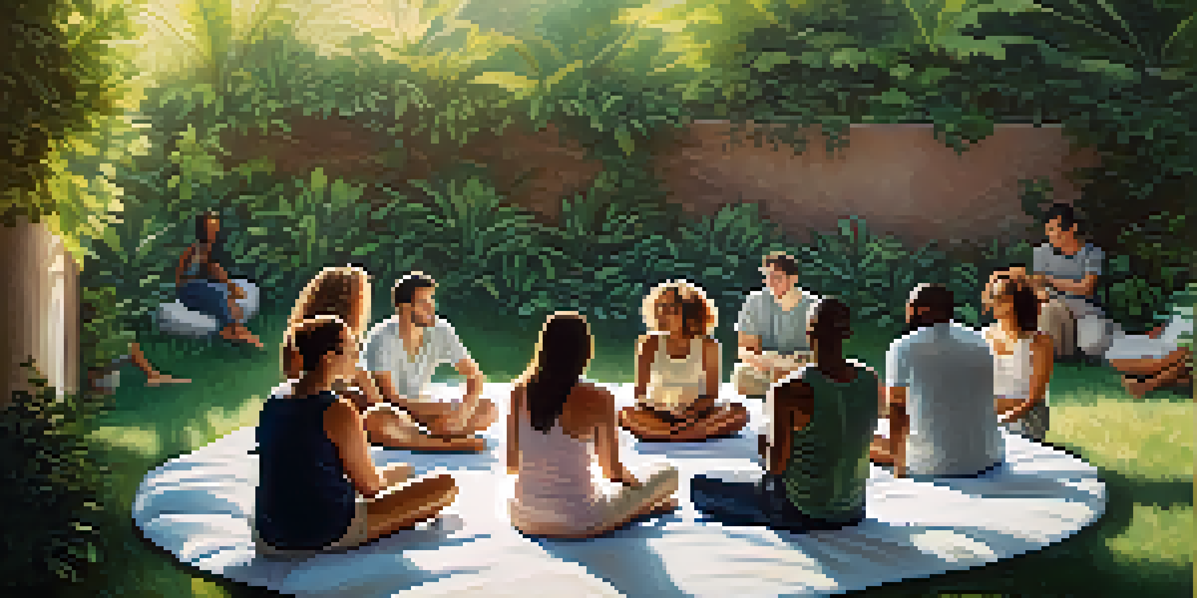 A diverse group of people sitting in a circle on cushions in a green outdoor setting, sharing experiences under sunlight.
