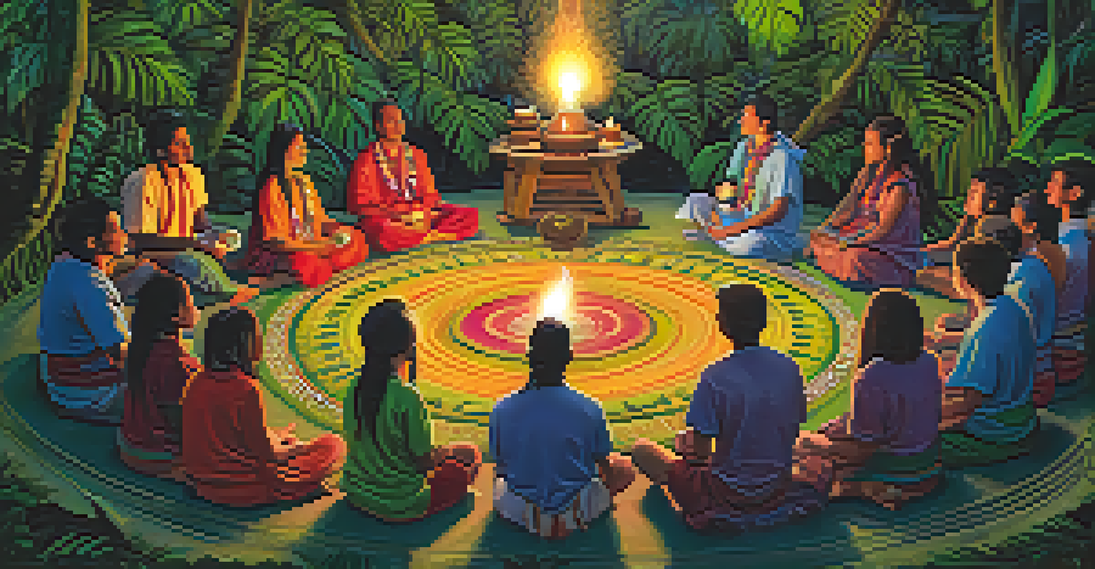 Participants in traditional attire engaged in an Ayahuasca ceremony in the Amazon rainforest.