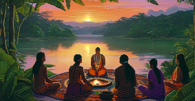 An Amazonian landscape at dusk with a group participating in an Ayahuasca ceremony around a fire, led by a shaman in traditional clothing.
