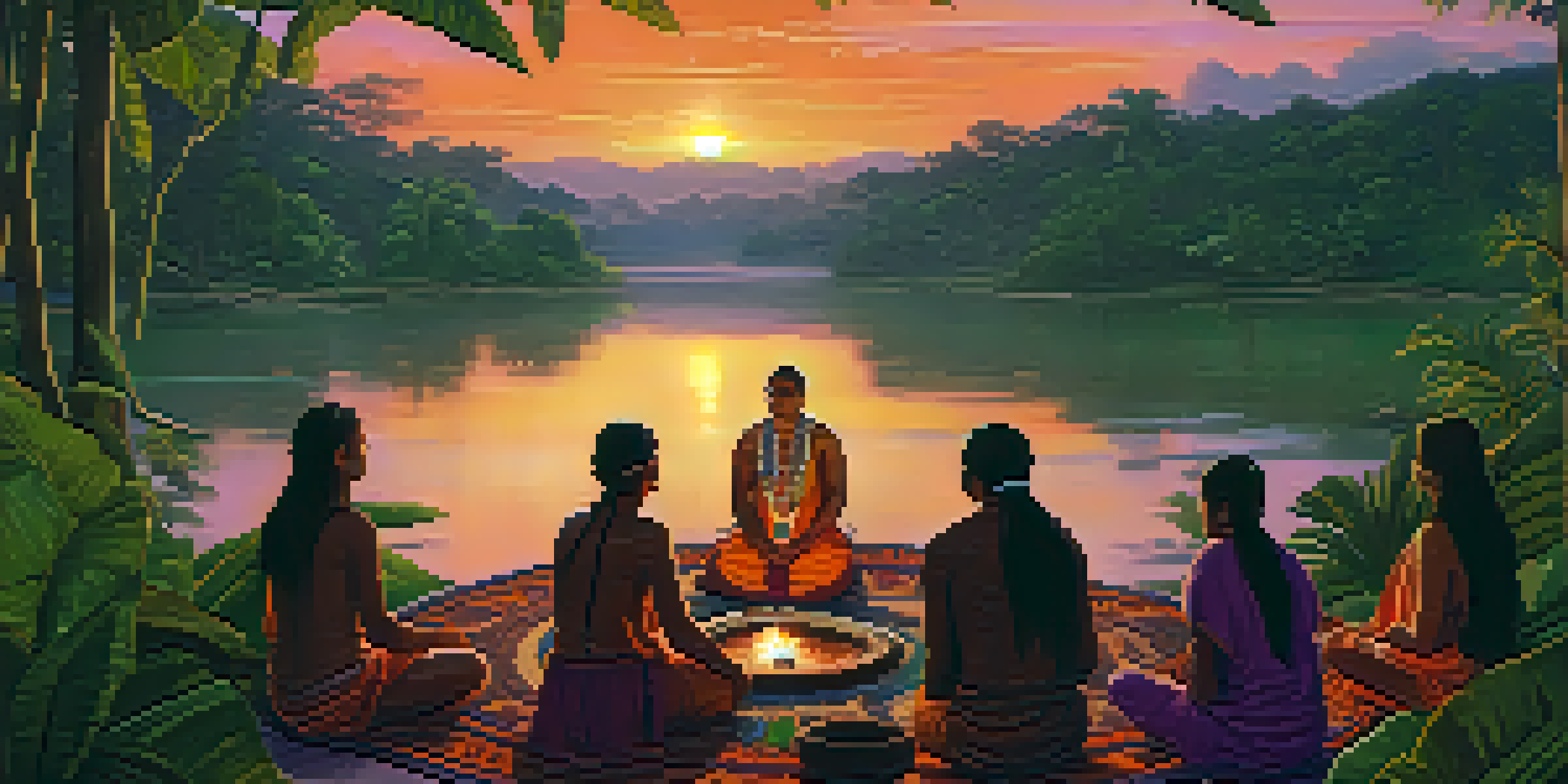 An Amazonian landscape at dusk with a group participating in an Ayahuasca ceremony around a fire, led by a shaman in traditional clothing.