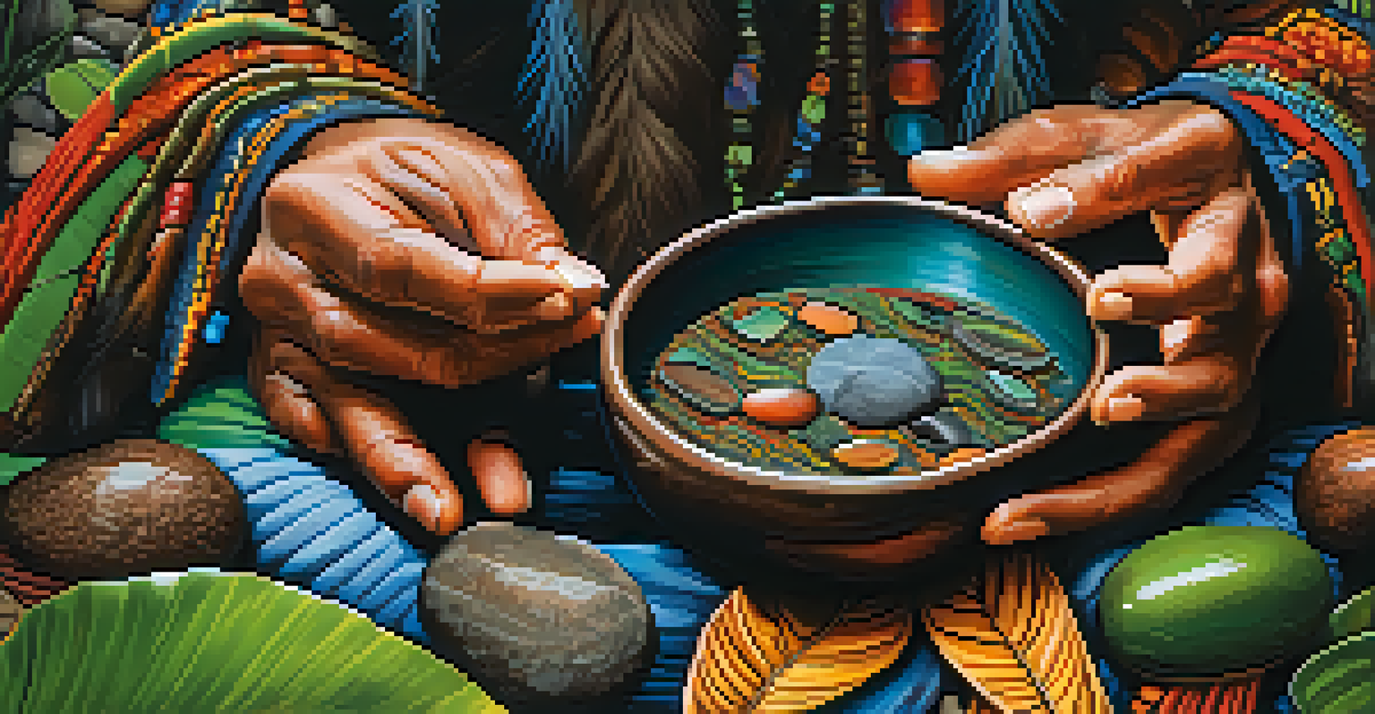 Close-up of a shaman's hands holding a bowl of ayahuasca brew, surrounded by natural elements like leaves and stones.