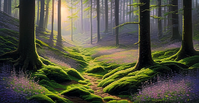 A peaceful forest at dawn with sunlight filtering through trees and wildflowers in a clearing.