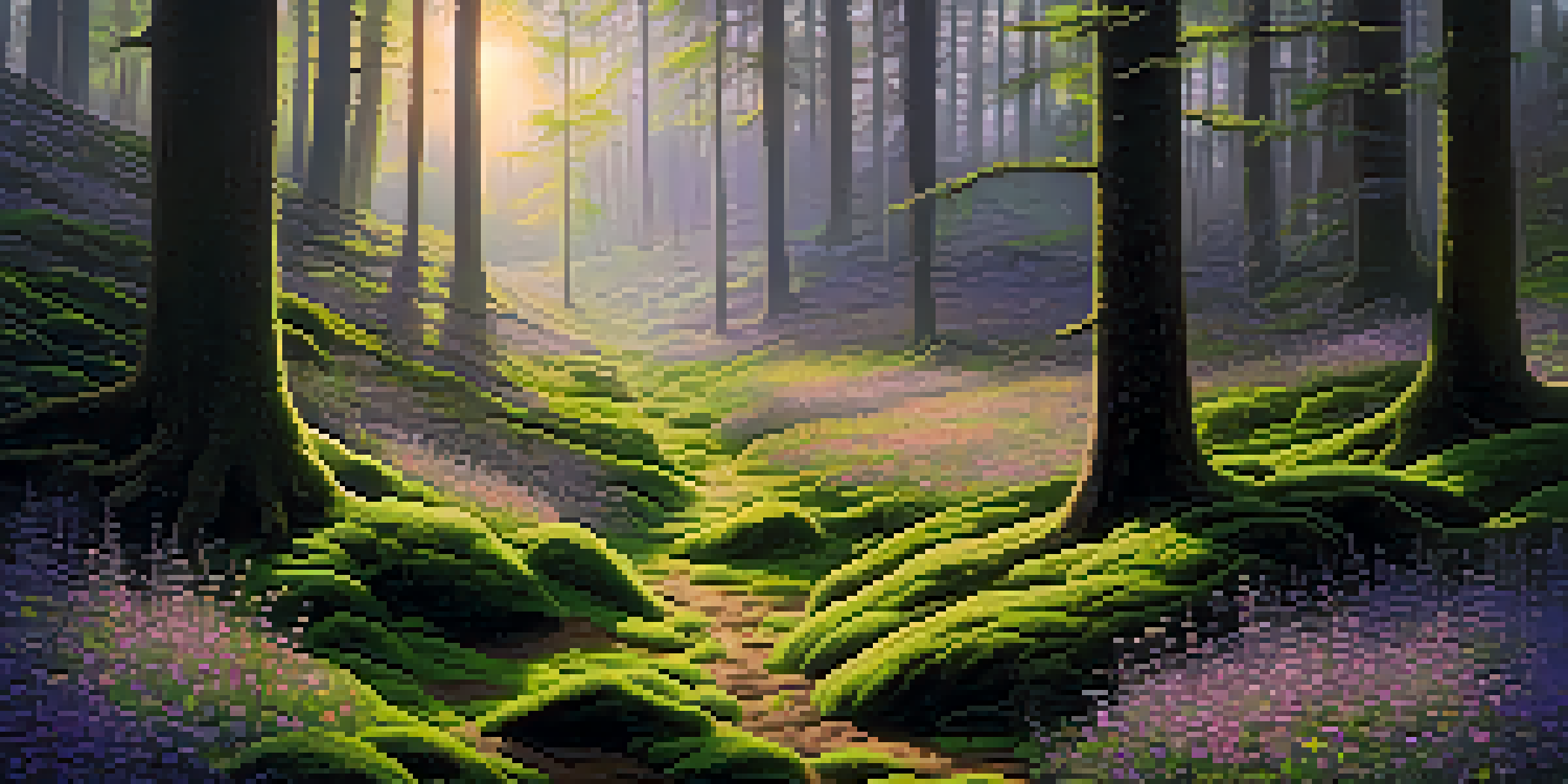 A peaceful forest at dawn with sunlight filtering through trees and wildflowers in a clearing.