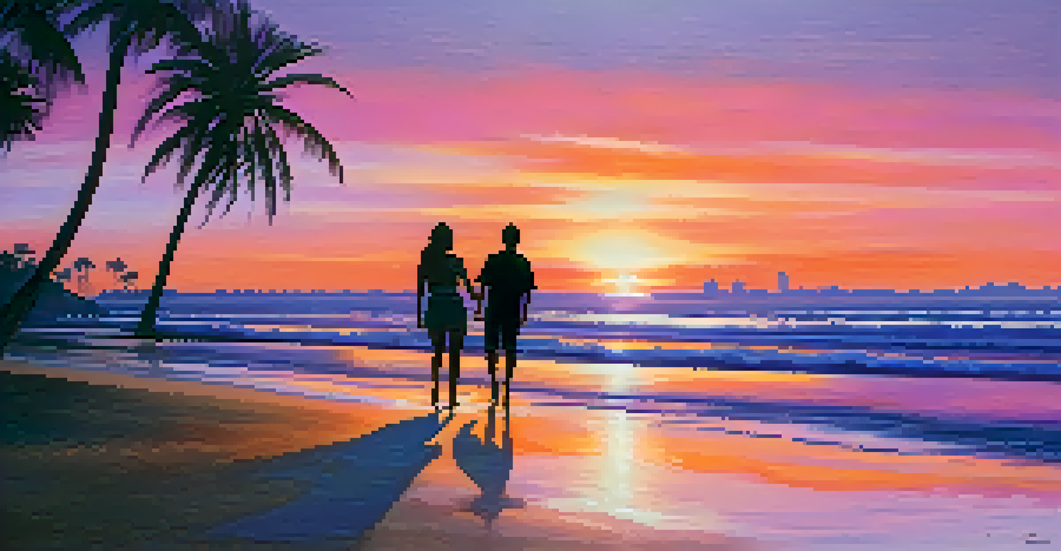 A sunset beach scene with colorful skies, gentle waves, palm tree silhouettes, and a couple walking together.
