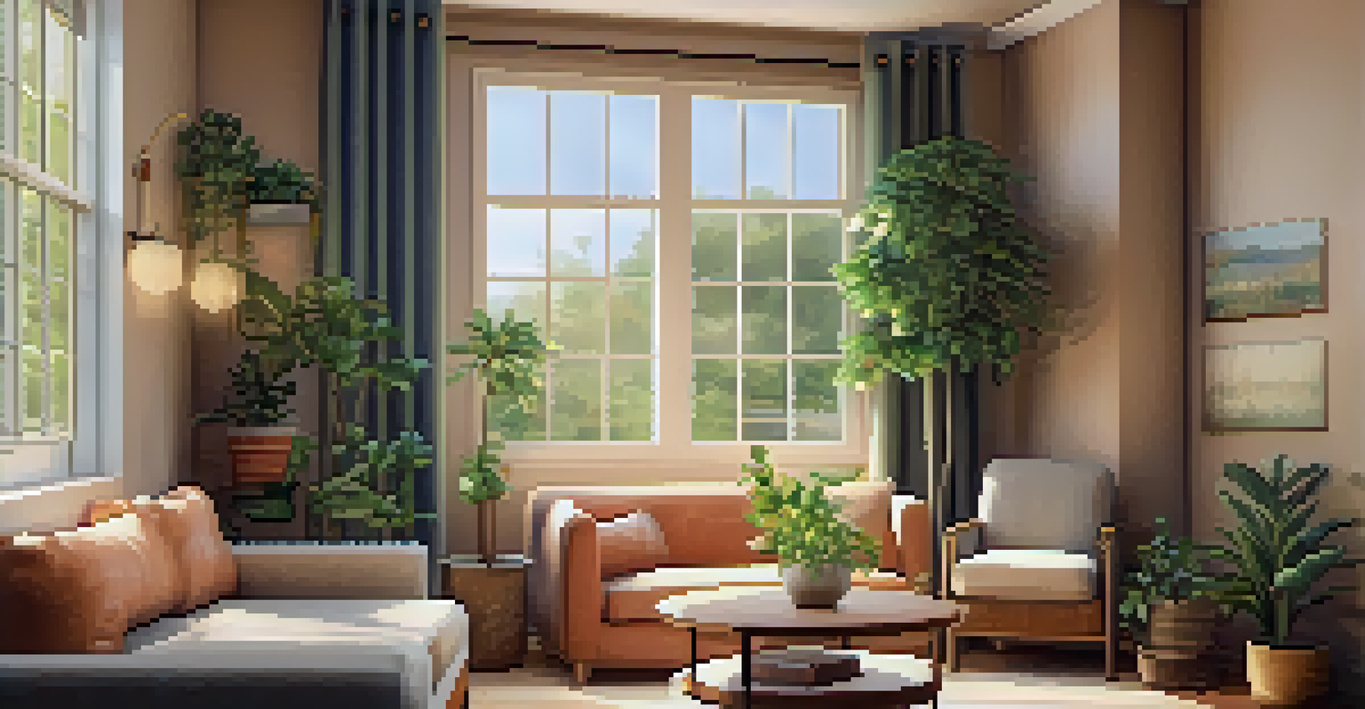 A warm and inviting therapy room with soft lighting, comfortable chairs, and a view of a peaceful garden.