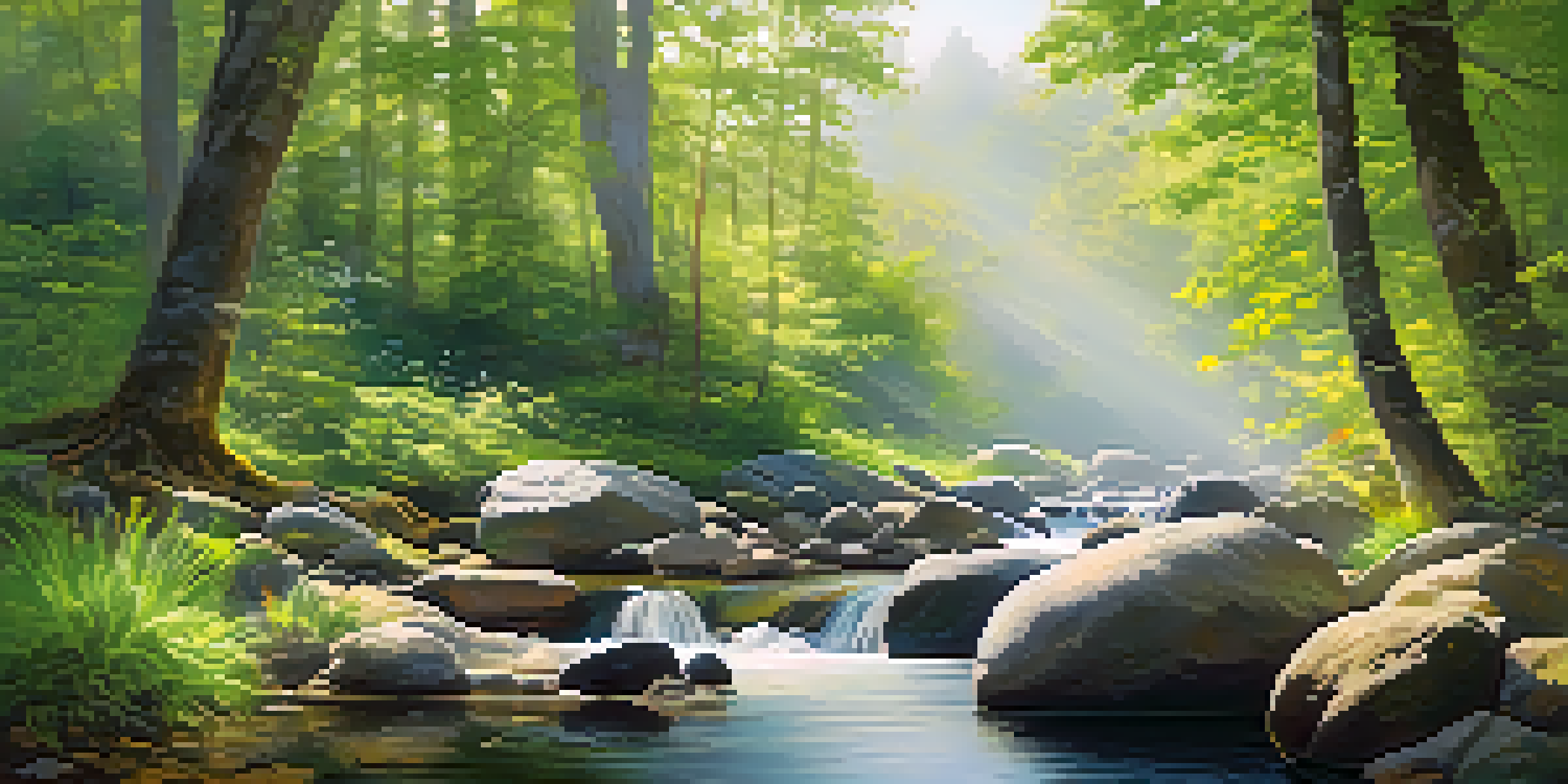 A peaceful forest landscape with sunlight filtering through the trees, a clear stream flowing over stones, and colorful wildflowers.
