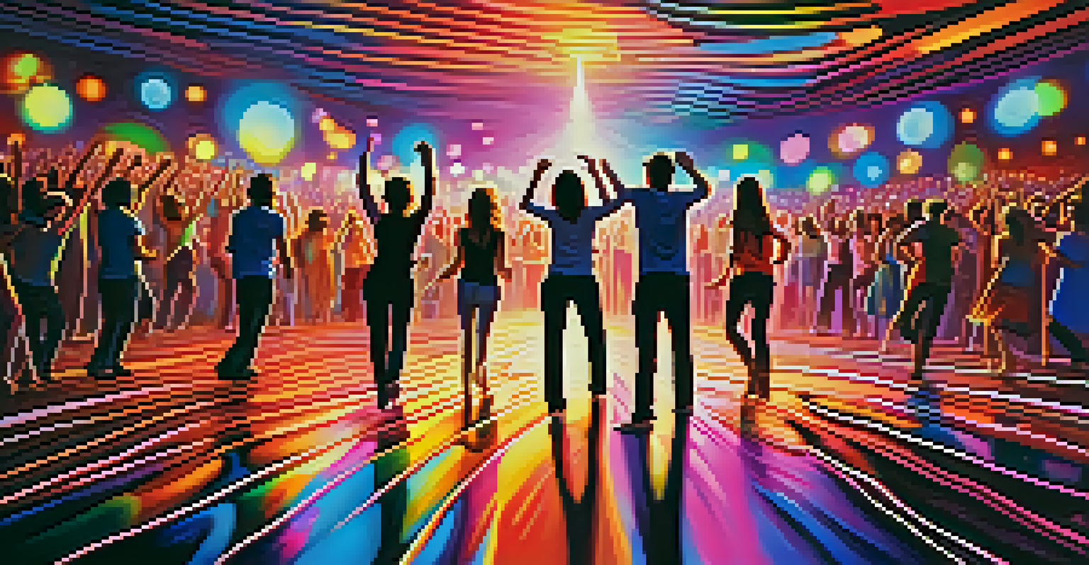 A lively dance floor with people dancing under colorful lights, capturing the energy of electronic music in a psychedelic atmosphere.