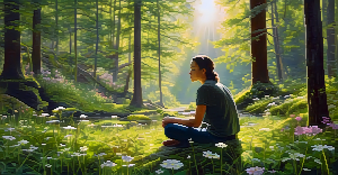 A peaceful forest clearing with sunlight filtering through leaves, a person sitting cross-legged on moss surrounded by wildflowers.