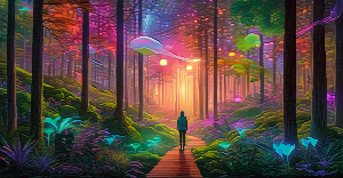 A person wearing a VR headset stands in a vibrant, bioluminescent forest, illuminated by soft, warm lights, looking amazed at the colorful scenery.