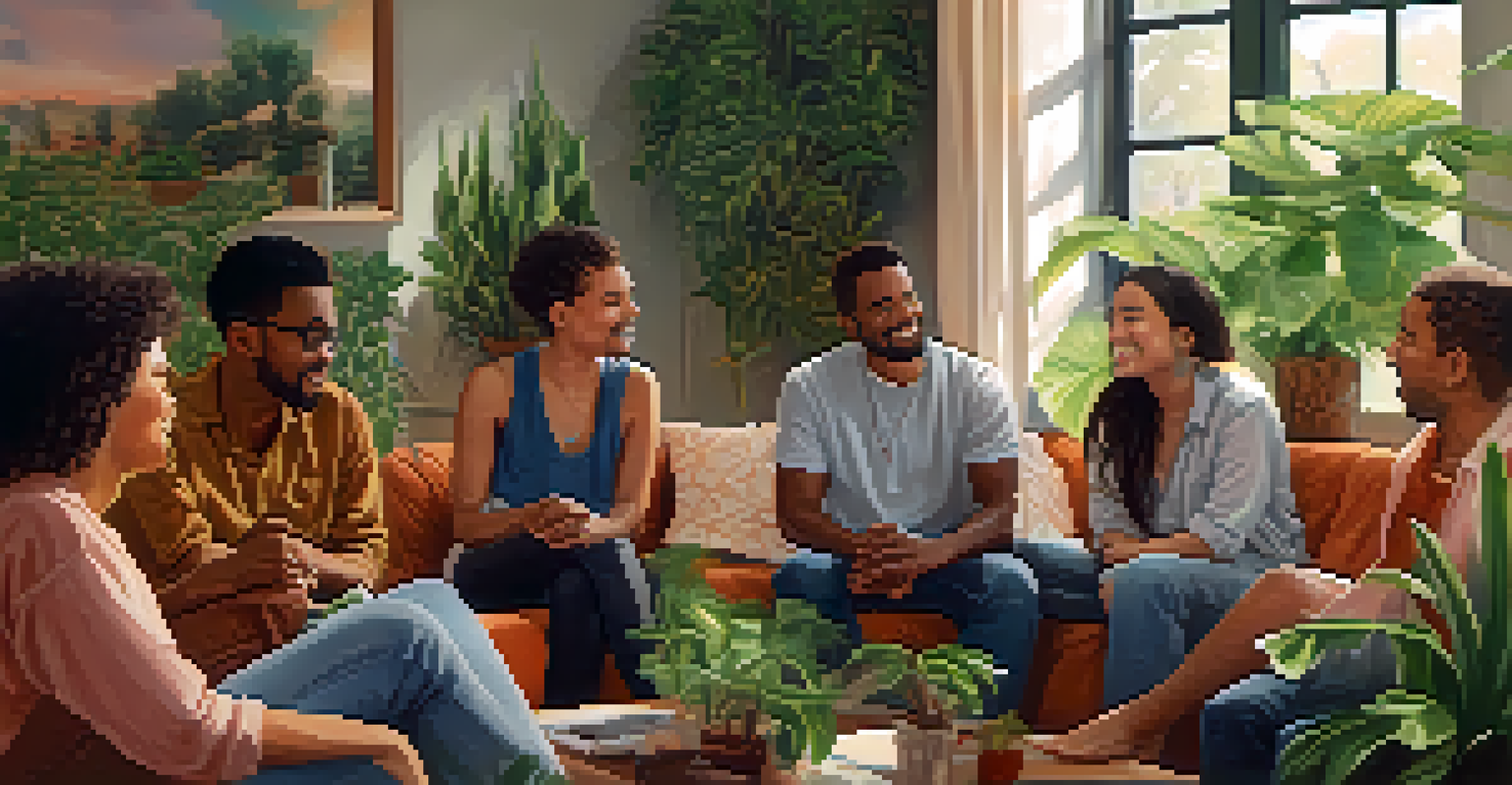 A warm and inviting indoor space with diverse individuals sharing a supportive conversation surrounded by plants and cushions.