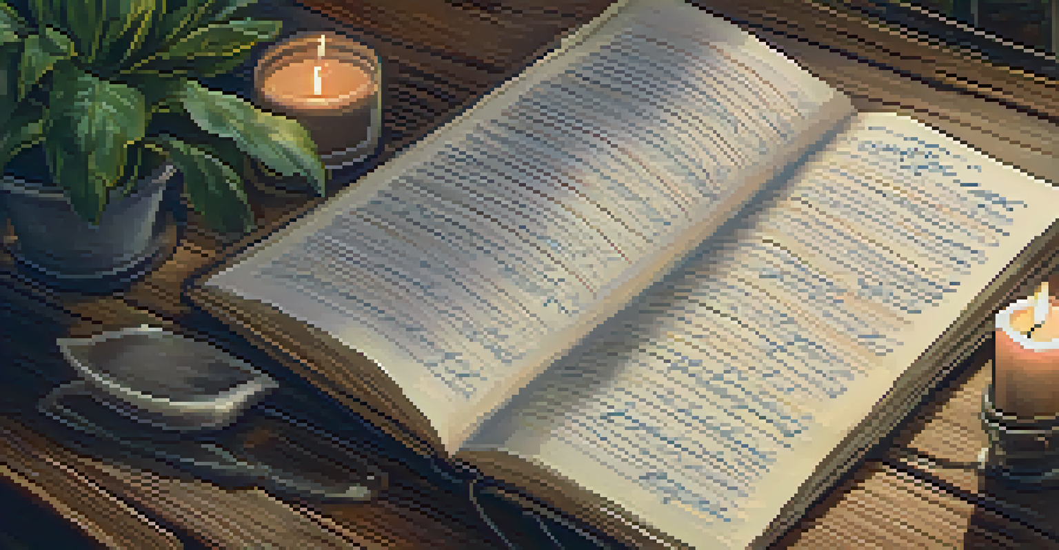 A close-up of a hand writing in a journal on a rustic table, with a flickering candle and blurred plants in the background.