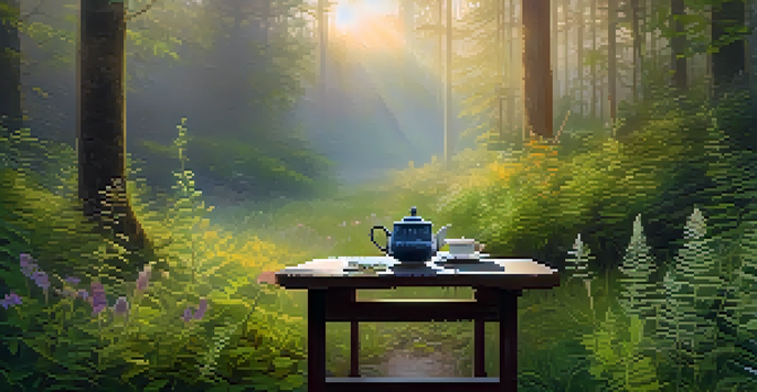 A peaceful forest at dawn with sunlight filtering through the trees, featuring a wooden table with a cup of herbal tea and surrounding wildflowers.