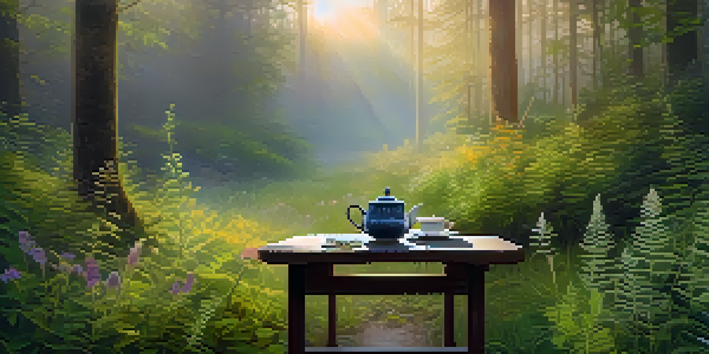 A peaceful forest at dawn with sunlight filtering through the trees, featuring a wooden table with a cup of herbal tea and surrounding wildflowers.