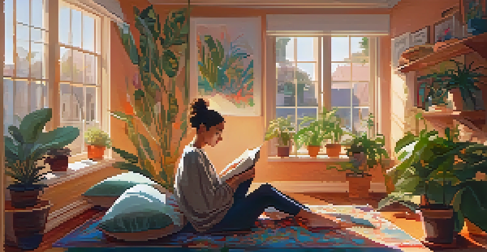 A person journaling in a cozy indoor space filled with plants and colorful artwork, illuminated by soft natural light.