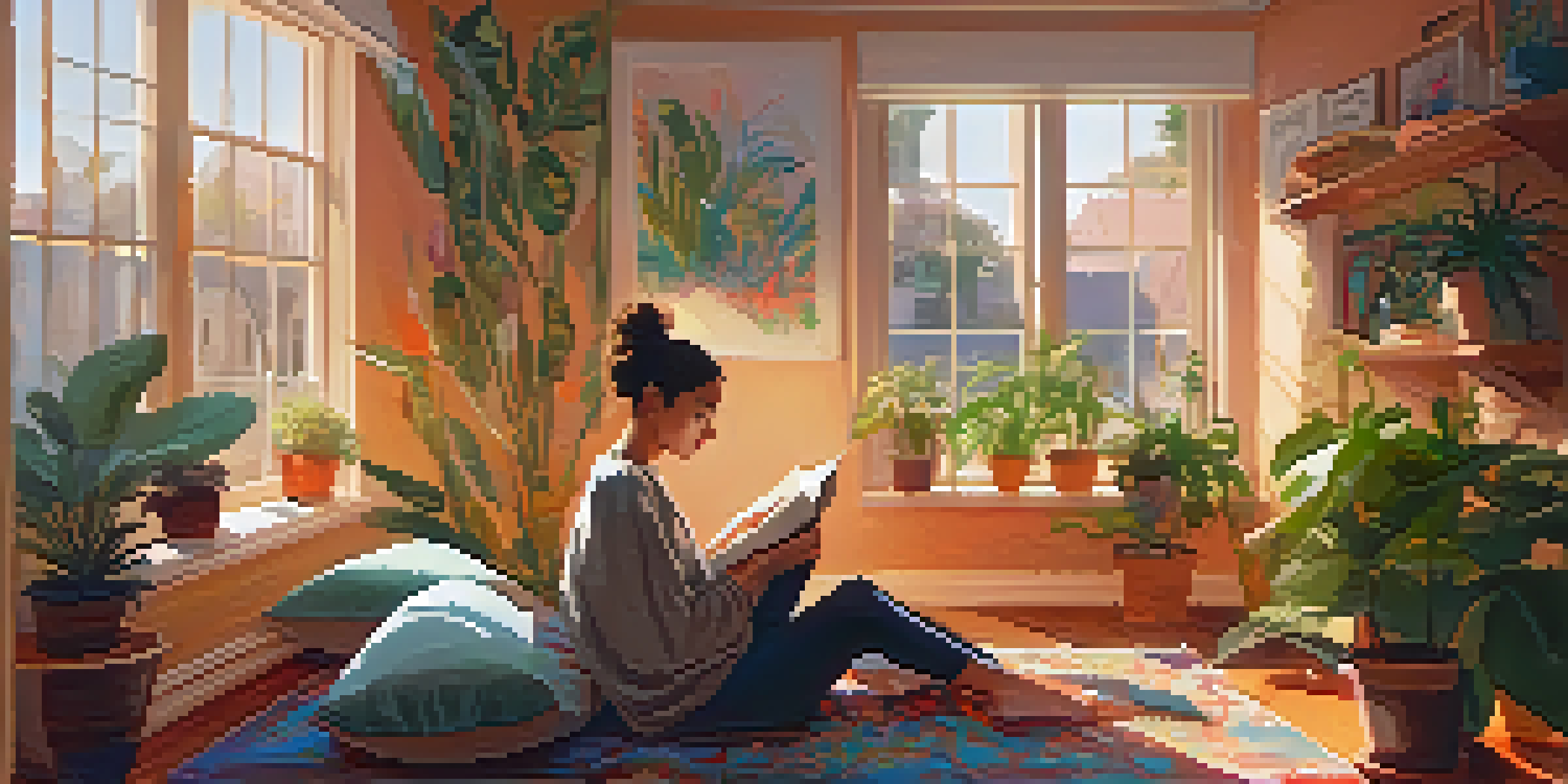 A person journaling in a cozy indoor space filled with plants and colorful artwork, illuminated by soft natural light.