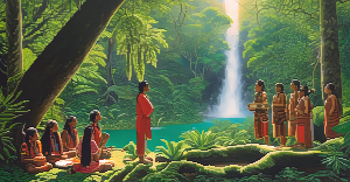 A peaceful rainforest scene with an indigenous ceremony, showcasing traditional attire and sacred plants.