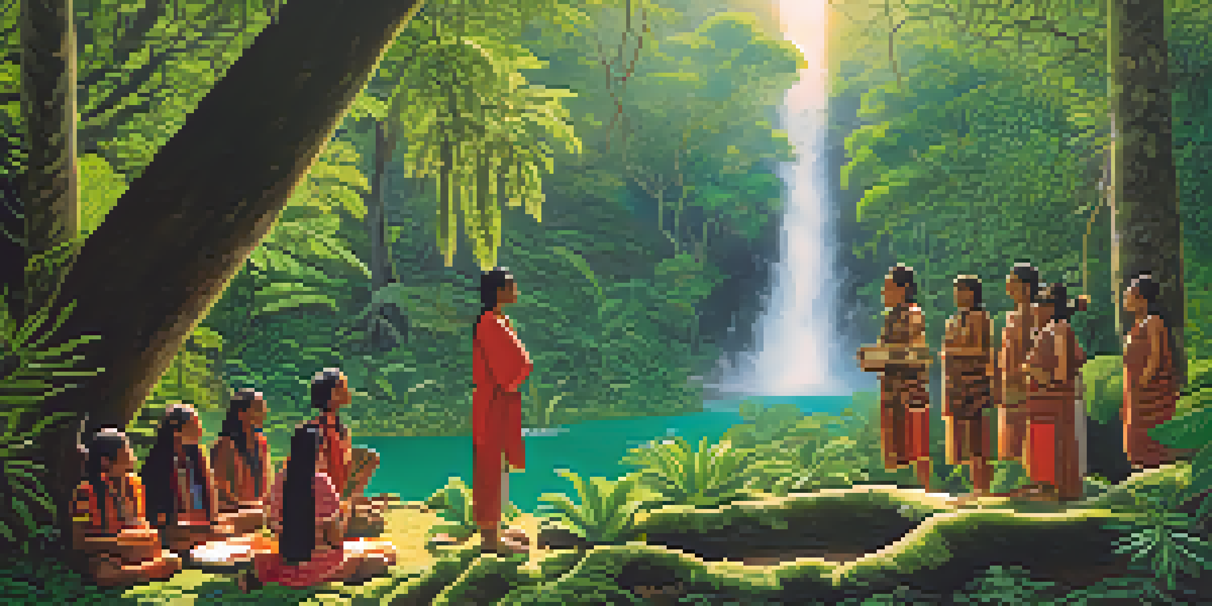 A peaceful rainforest scene with an indigenous ceremony, showcasing traditional attire and sacred plants.