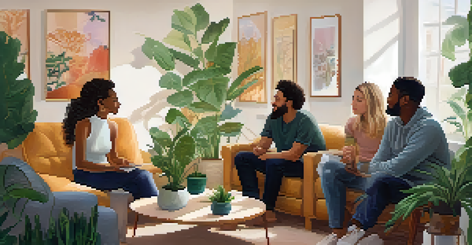A modern therapy session in a cozy room with diverse participants discussing their feelings and insights in a supportive environment.