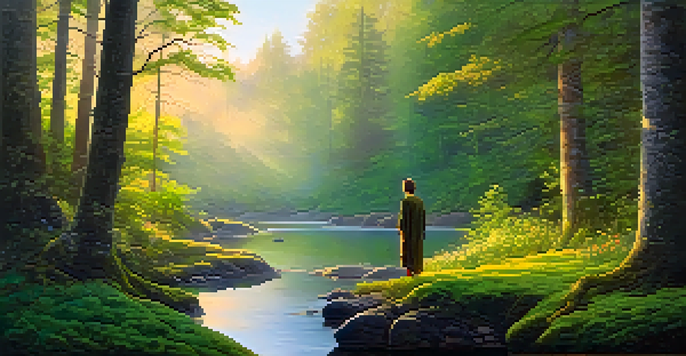 A tranquil forest at dawn with a person meditating by a stream surrounded by trees and flowers.