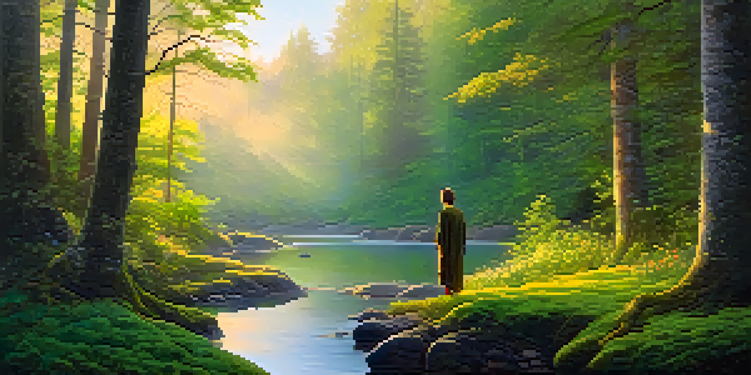 A tranquil forest at dawn with a person meditating by a stream surrounded by trees and flowers.