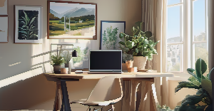 A peaceful workspace with a laptop and journal on a desk, illuminated by soft morning light with plants and artwork in the background.