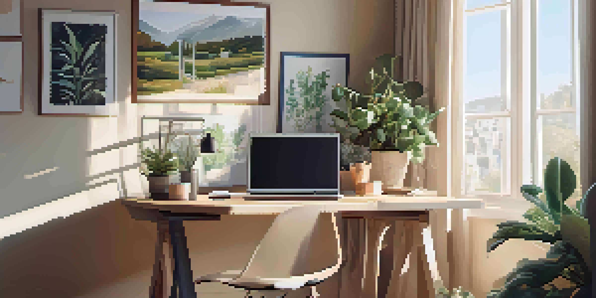 A peaceful workspace with a laptop and journal on a desk, illuminated by soft morning light with plants and artwork in the background.