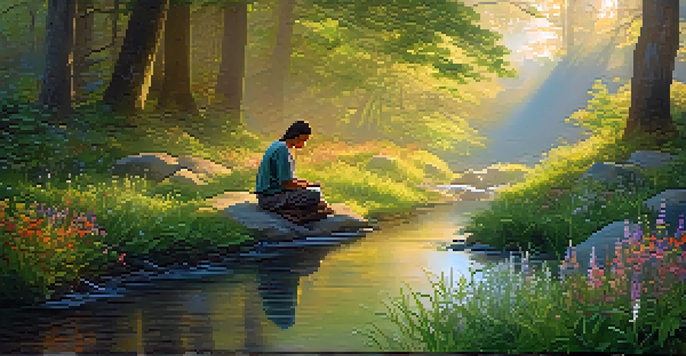 A peaceful forest scene at sunrise with a meditative figure sitting on a rock near a stream.