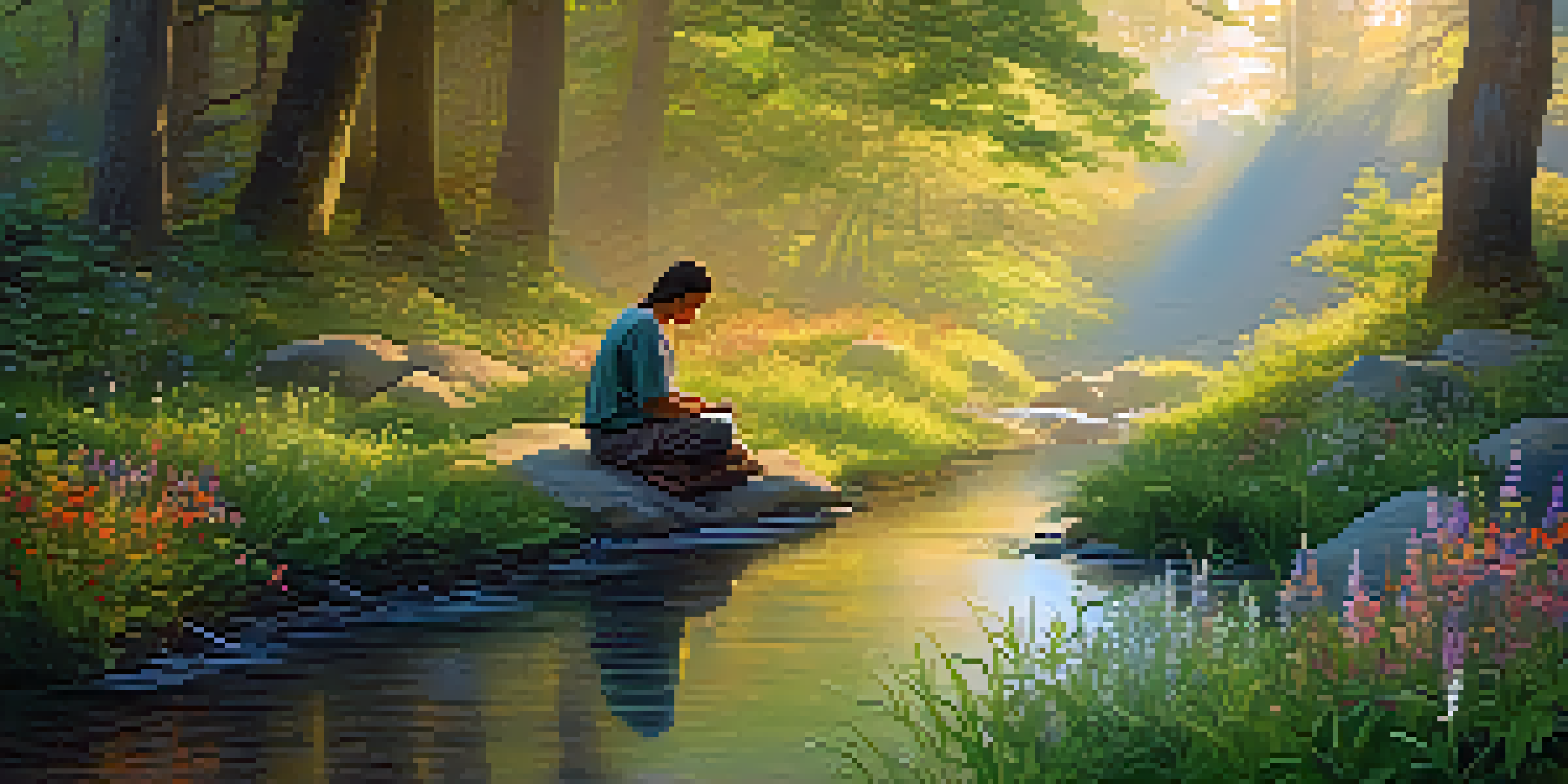 A peaceful forest scene at sunrise with a meditative figure sitting on a rock near a stream.