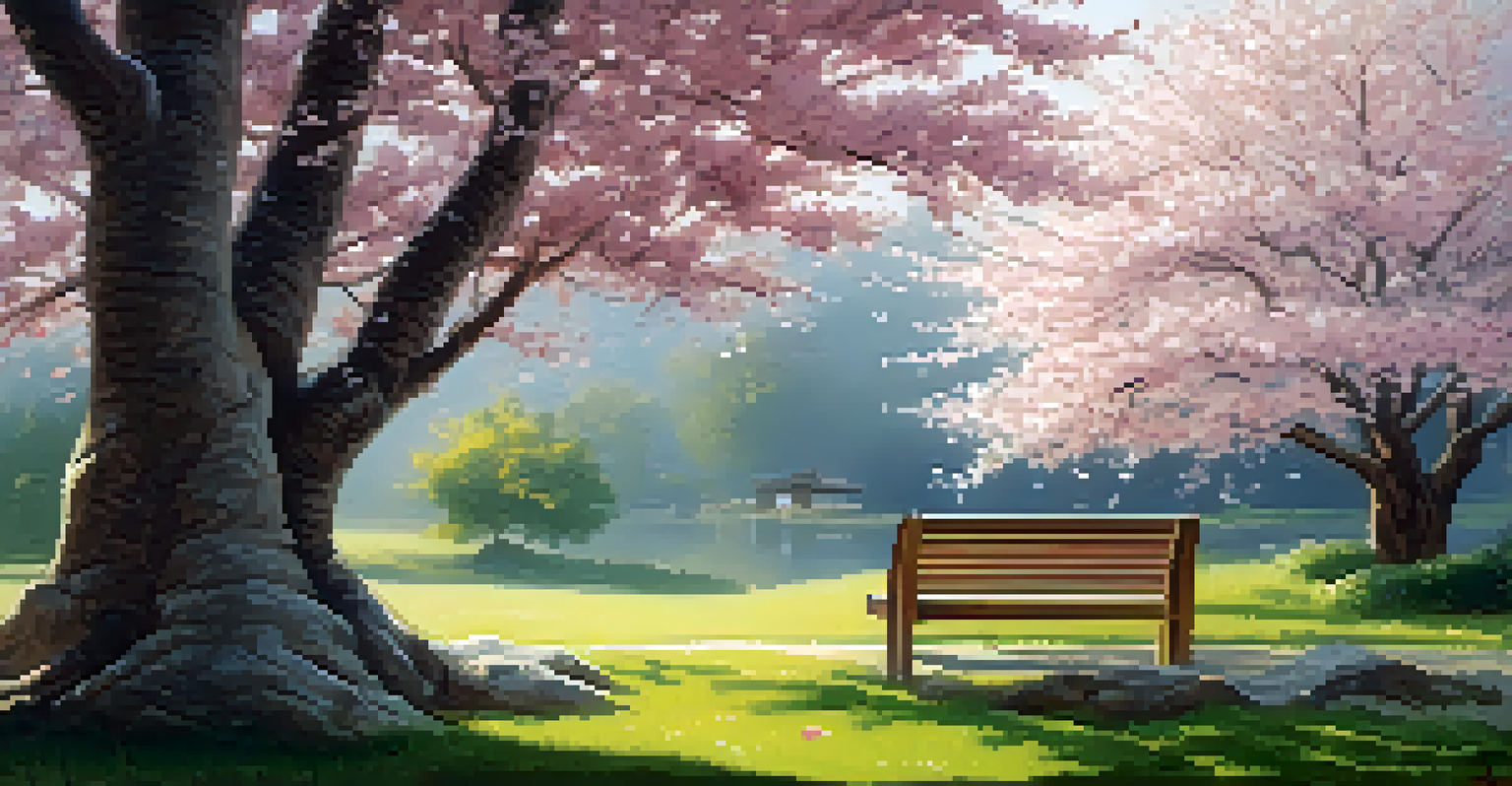 A beautiful garden with a cherry blossom tree and a bench, surrounded by falling petals, creating a tranquil atmosphere.